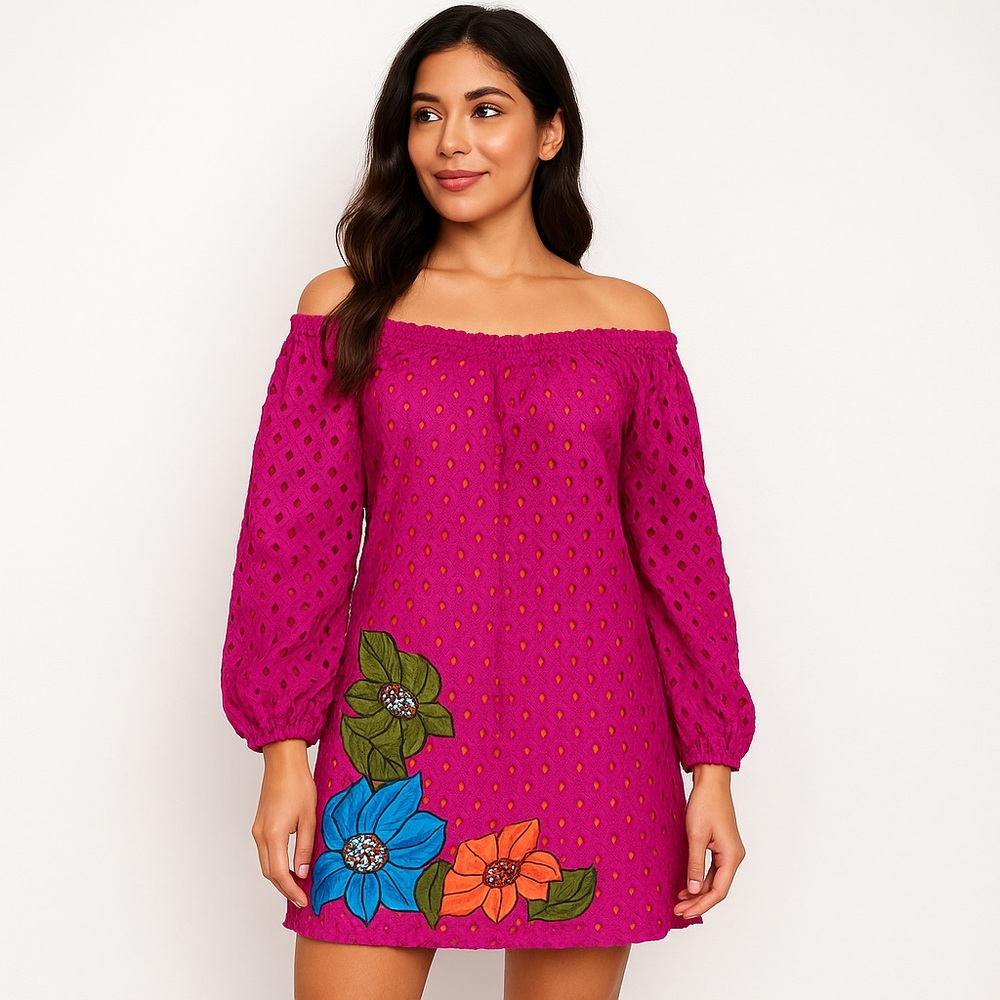 Silk Threads Boho Hippie Festival Tunic Dress L Pink Floral Eyelet Cotton Y2K